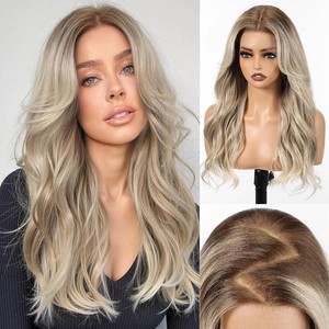 $63 HAIRCUBE 13x6 HD Lace Front Wig Synthetic 22 Inch Ombre Ash Blonde Long Wave Layered Glueless Wig for Women, Natural Look Daily Wear