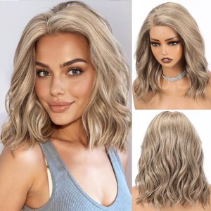 $40 HAIRCUBE Synthetic T Lace Front Wig,Side-Parted Glueless Lace Wigs for Women, 16-Inch Shoulder Length Wavy Style for Daily Wear, Party & Date (Mixed Ash Blonde)