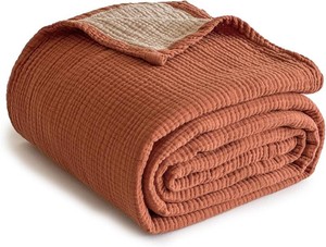 $26 Simple&Opulence 100% Cotton Muslin Blanket, Lightweight Breathable 4 Layering Soft Cotton Throw Blanket,Gauze Blanket for Bed Couch Camping All-Season Use (Rust Orange, 50x60)