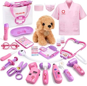 $27 Meland Toy Doctor Kit for Girls, Pretend Play Toy Doctor Set with Dog , Carrying Bag, Stethoscope & Dress Up Costume Gift for Kids Toddlers Ages 3 4 5 6 Year Old for Role Play