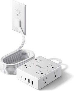 $14 10Ft Extension Cord with Multiple Outlets, Flat Plug Surge Protector Power Strip 10 Ft Long Cord, 8 Outlets & 4 USB Ports (2 USB C), Desk Charging Station for Home Office, College Dorm Room Essentials