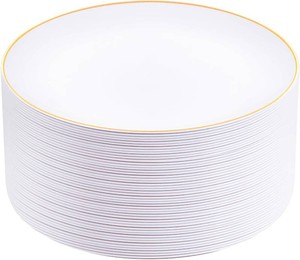 $28 Festiva 50Pcs Gold Plastic Plates - 9 Inch White Plastic Plates with Gold Rim - Disposable Dinner Plates - include 50 salad&pasta Plate Perfect for Party&Wedding&Thanksgiving &Christmas