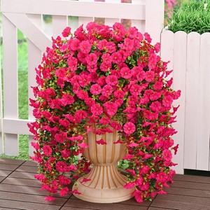 MARTINE MALL 2 Pcs Look Real Artificial Flowers for Outdoors, Realistic Artificial Hanging Flowers for Outdoors, UV Resistant Fake Hanging Plants Silk Petunia Faux Flowers for Porch Patio, Rose Red