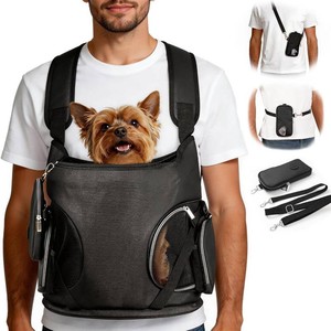 $30 YUDODO Dog Front Backpack Carrier 7-15 lbs, Soft Breathable Pet Front Facing Carrier with Adjustable Straps, Multi-Pocket Design, for Small Dogs & Cats (with Detachable Sling Pouch - Black)