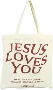 LKTEE Christian Tote Bag for Women, Jesus Loves You Beige Canvas Church Bag, Bible Verse Gift