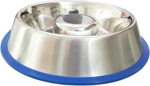 Mr. Peanuts Stainless Steel Interactive Slow Feed Dog Bowl with a Blue Silicone Base, Fun Healthy Bloat Stop Feeder (Medium)