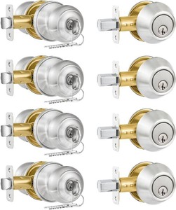 $45 Plustool 4 Pack Exterior Door Lock Set, Satin Nickel Door Knob and Deadbolt Combo Set, Keyed Alike Entry Door Knobs with Lock&Keys, Round Ball Door Locksets with Deadbolt for Entrance and Front Door