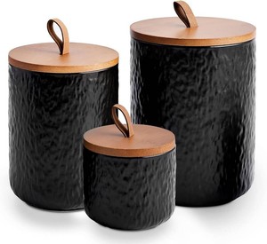 $34 JOJUNO Black Ceramic Canister Set with Wooden Lid, 3-Piece Airtight Food Storage Jars for Kitchen Counter - Flour, Sugar, Coffee, Tea, Spice - Small, Medium, Large Sizes - Stone Texture