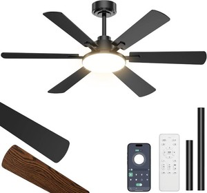 $60 52 Inch Ceiling Fans with Lights, 6 Double Sided Blades, Ultra Quiet Reversible DC Motor, Remote & APP Control, 6 Speeds, 3CCT Dimmable LED with Memory Function, Downrod Mount for Living Room, Black- As Is