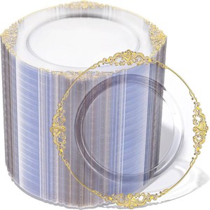 $30 Morejoy 100pcs Gold Plastic Plates - Clear Gold Disposable Plates - 7.5 inch clear and gold dessert plates, Clear Plastic Plates with Gold Rim for Weddings & Parties