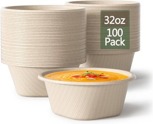 $28 32 Ounce Large Paper Bowls Disposable Soup Bowl Disposable Heavy Duty Compostable Bowls, Eco-friendly Sugarcane and Bamboo Bagasse Biodegradable Bowl for Soup, Salad, Dessert, Ice Cream 100 Pack