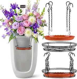 $22 2 Sets Adjustable Planter Inserts for Large Pots, Black Minimalist Planter Insert with 8 Chain Hooks, Plant Riser Fits 12-18 Tall Planters Pot & Free 8 inch Plant Saucer Drip Trays