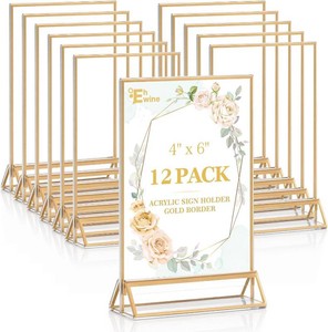 $29 EHWINE 12 Pack Acrylic Sign Holder 4 x 6, Double Sided Gold Picture Frame Stand up Table Top Sign Holders, Clear Display Stand Menu Flyer Holder for Wedding Party