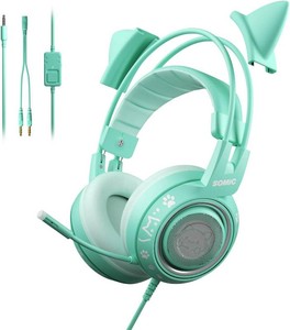 $40 SOMIC G951S Green Gaming Headset with Microphone for PS4, PS5, Xbox One, PC, Cat Ear Headphones Over Ear with in-Line Mic Control, Stereo Sound for Girls, Woman