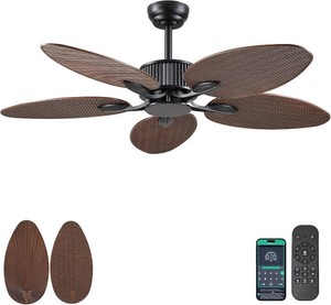 $140 Wiviniya 50 Inch Tropical Ceiling Fan no Light, Palm Leaf Waterproof Outdoor Ceiling Fans for Patios Porch, RemoteAPP Control, Wet Rated, 6 Speeds, Reversible Quiet DC Motor, Dark Brown