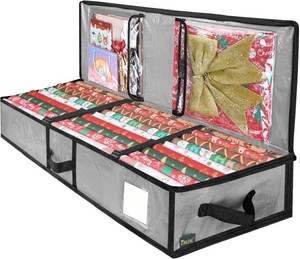 BALEINE Soft Christmas Wrapping Paper Storage Bag, 40 Durable PE Gift Wrap Storage Bag with Flexible Partitions and Pockets for Ribbon, Accessories (Grey)