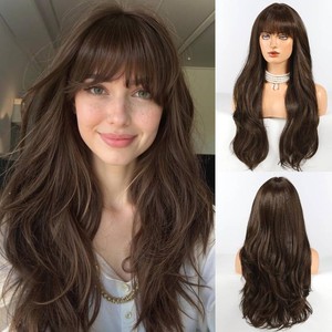 $28 HAIRCUBE Long Dark Brown Wig with Bangs Layered Curly Wigs for Women Natural Synthetic Wigs for Daily Use (pelucas de cabello natural)