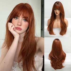 $28 HAIRCUBE Long Auburn Wig with Bangs Layered Curly Orange Wigs for Women Natural Synthetic Wigs for Daily Use (pelucas de cabello natural)