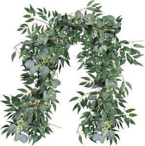 $20 Fake Greenery Garlands Artificial Silver Dollar Eucalyptus Garland in Grey Green and Willow Twigs Garland Intertwined Together for Rustic Wedding Arch Swag Doorways Table Runner Decoration