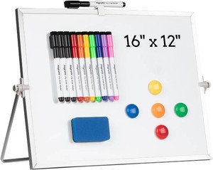 $17 Dry Erase White Board, Cazeyoo Magnetic Desktop Whiteboard 16 x 12inch with Stand, 10 Markers, 4 Magnets and 1 Eraser, Portable Double-Sided White Board for Kids Drawing, Office, Home, School