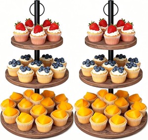 $31 Cupcake Stand, 2 Pack Rustic Wood Cake Stand, 3 Tier Cupcake Tower Round Tiered Tray Stand for Dessert Table Display, Industrial Wooden Serving Stand Wedding, Graduation and Baby Shower