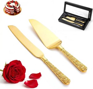 $15 Dicunoy 2 PCS Gold Cake Knife and Server Set, Wedding Cake Cutting Utensils, Vintage Engraved Cake Cutter and Serving Spatula for Birthday,Anniversary, Vibrant Gold