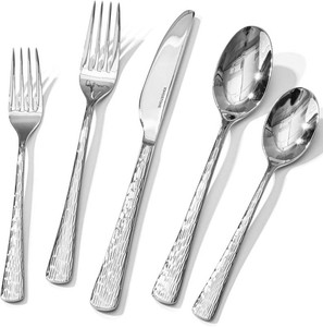 $40 KINGSTONE Hammered Silverware Set, 20-Piece Flatware Set, 1810 Stainless Steel Premium Cutlery with Unique Ripple Handles Design Mirror Polished - Dishwasher Safe