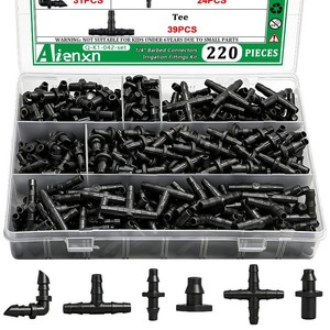 220PCS 14 Drip Irrigation Kit Barbed Connectors, Straight Barb, Tee, Single Barb, End Plug, Elbow, 4 Way Coupling Irrigation Fittings for Garden Lawn Flower Pot