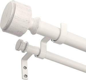 $25 White Double Curtain Rod 36 to 76 Inch, Boho Decorative 1 Dual Curtain Rods for Windows, Adjustable Heavy Duty Farmhouse Double Drapery Pole with Modern Faux Wood Grain Finials