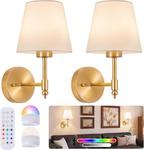 $38 Battery Operated Wall Sconce Set of 2, Rechargeable Wireless Wall Lights with fabric Lampshade, 5200mAh Dimmable Bulbs with Remote,15 Colors Wireless Wall Lamps for Bedroom Living Room Hallway Decor