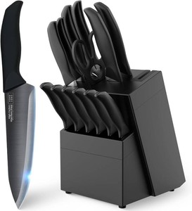 $25 Home Hero Kitchen Knife Set - 15 PCS Black Knife Set with Block and Sharpener - Stainless Steel Knife Set - Ergonomic Handles - Includes Steak Knives Set of 6 - Knife Block Set for Kitchen