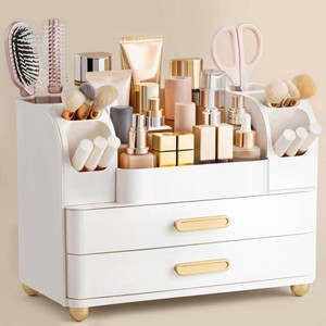 $34 HBlife Makeup Organizer for Vanity with Brush Holder, Large Bathroom Countertop Cosmetic Organizer Skin Care Storage, Easy to Store Lipsticks, Nail Polishes, Perfumes, Eyeshadow Palettes, All White