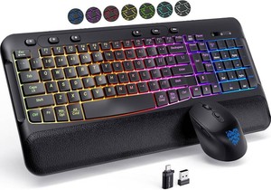 $40 COLIKES Wireless Keyboard and Mouse Combo, Ergonomic Wave, 9 RGB Backlit Effects, Leather Wrist Rest, Rechargeable 2.4G USB Silent Set for ComputerWindowsMac, Black