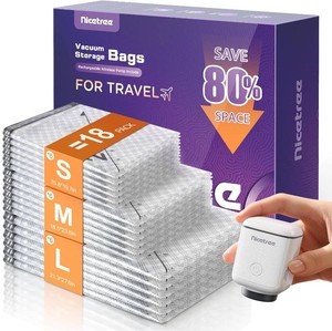 $26 Nicetree 18-Pack Vacuum Bags for Travel with Rechargeable Pump, Compression Packing Bags for Carry-On Luggage & Suitcase, Vacuum Seal Bags for Clothing, 3 Sizes for Travel & Home Storage