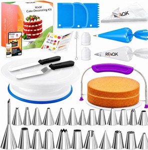 $21 RFAQK 90PCs Cake Decorating Kit for Beginners, Baking Supplies Includes Cake Turntable, Cake Leveler, 24 Icing Piping Tips, 56 Piping Bags, 2 Couplers, Spatulas, Scrapers, Video Course and Booklet