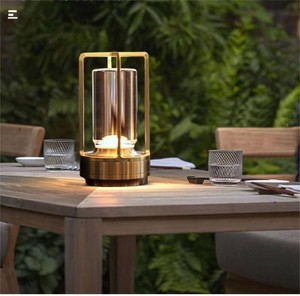 $27 HAPYGI Portable Metal Table Lamp for IndoorOutdoor,Rechargeable Cordless LED Lamp, 3-Colour Infinitely Dimming Battery Powered Small Desk Lamp, RestaurantBedroomBarCoffeeCamping Light (Gold)