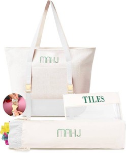 $36 Empty Mahjong Tile Bags Set for American Tiles and Racks,Canvas Tote Bag with Mat Holder Accessories Organizer,Portable Mahjong Case Drawstring Protective Sleeve for Rack Pushers,Beige