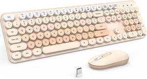 $27 Wireless Keyboard and Mouse, Silent Keyboard Mouse Combo, Full-Sized Colorful Typewriter Keyboard with Round Keycaps, 2.4G Cute Mouse Compatible with PCLaptopComputer(Milk Tea)