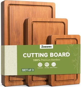 $14 3-Piece Set Deep-Carbonized Bamboo Cutting Board for Kitchen - Crack-Resistant Wood Chopping Boards with Deep Juice Grooves, Pre-Oiled Butcher Block for Meat, Vegetables & Cheese, Carbonized