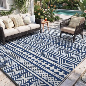 $80 MontVoo Outdoor Rug 8x10 Waterproof Outdoor Patio Rug Mat Reverisble Plastic Straw Outdoor Rug for RV Camping Picnic Beach Balcony Boho Navy Blue