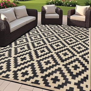 $40 SAND MINE Reversible Mats, Plastic Straw Rug, Modern Area Rug, Large Floor Mat and Rug for Outdoors, RV, Patio, Backyard, Deck, Picnic, Beach, Trailer, Camping, Black & Beige, 6 x 9