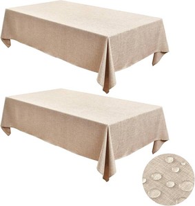 $22 Fitable Faux Linen Tablecloths for Rectangle Tables Water & Stain Resistant Farmhouse Table Cloth, Washable Burlap Textured Table Covers for Kitchen Dining Party(2 Pack, 52x70 Inch, Beige)