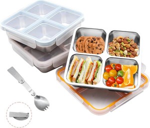 $26 3 Pack Stainless Steel Bento Lunch Box, 4 Compartment Snack Containers, Divided Meal Prep Lunch Containers, Food Storage Containers For Work and Travel