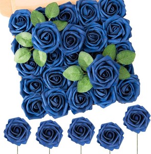 $26 N&T NIETING Artificial Flowers Navy Blue Roses 50Pcs Fake Flowers Foam Roses with Stems for DIY Wedding Bridesmaid Bridal Bouquets Centerpieces Party Home Decoration Baby Shower