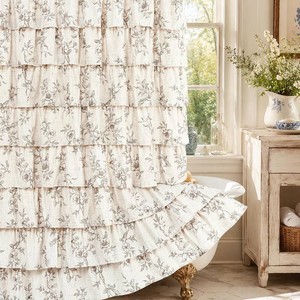$27 Yinhua Farmhouse Floral Shower Curtain, Brown Ruffle Shower Curtains for Bathroom, French Country Bath Curtain Waterproof Washable, 72 Wx72 L