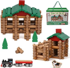 $50 Wondertoys 208 Pcs Wooden Log Set - Classic Building Logs Ages 3 - Best Retro Building Gift Set for Boys - Creative Construction Engineering Educational Gifts