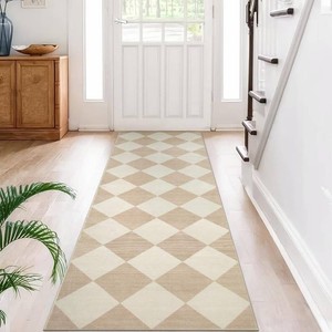$32 Beeiva Checkered Print Carpet Runners for Hallway 6ft, Beige Ultra Thin Washable Kitchen Runner Rug Non Slip, Moroccan Plaid Checkerboard Decor Faux Wool 2x6 Rug for Bedroom Bathroom Entryway