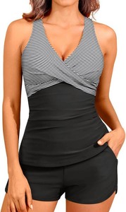 $40 Women Tankini Swimsuits with Shorts - Two Piece Tummy Control Bathing Suits Top with Two Pockets Bottom Swimwear size Large