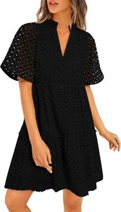 $30 PRETTYGARDEN Eyelet Dresses for Women 2026 Summer Short Sleeve V Neck Hollow Out Ruffle A Line Boho Beach Vacation Mini Dress Size XL
