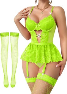 $24 Lilosy Sexy Stocking Rhinestones Heart Garter Underwire Floral Mesh lace Sheer Babydoll Lingerie Teddy Bodysuit Skirt Set size Medium